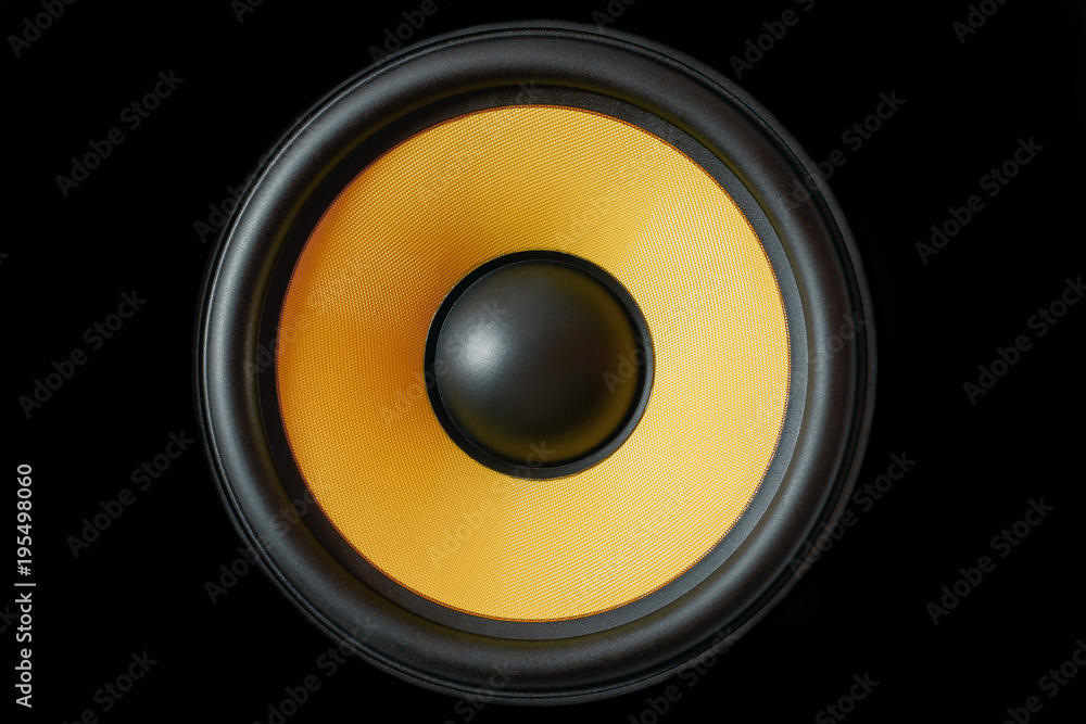 Subwoofer dynamic membrane or sound speaker isolated on black background,  yellow Hi-Fi loudspeaker close up foto de Stock | Adobe Stock