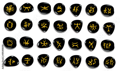 Set of  hand drawn lichen glyphs written in stone, ancient magical  symbols for divination.