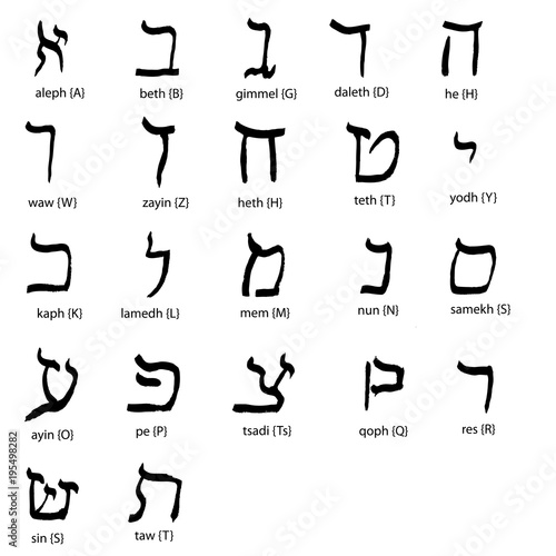 Hand drawn hebrew alphabet,  black isolated on white background.