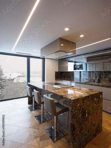 Modern marble kitchen with island photo