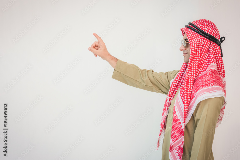 Obraz happy young Arab businessman with hands up.