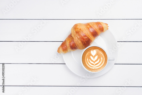 coffee croissant view from above wooden background white