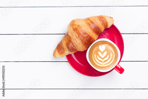 coffee croissant view from above wooden background white