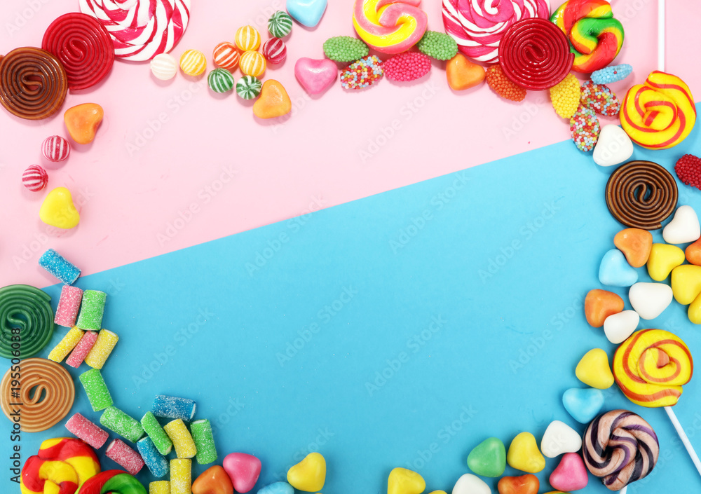 candies with jelly and sugar. colorful array of different childs sweets and treats. candies with jelly and sugar. colorful array of different childs sweets and treats.