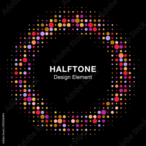 Halftone circle vector frame with colorful abstract random dots, logo emblem design element for technology, medical, treatment, cosmetic. Round border Icon using halftone circle dots raster texture. 