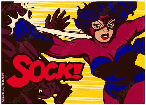 Pop art comic book style panel with super heroine throwing punch and beating super villain female superhero vector illustration