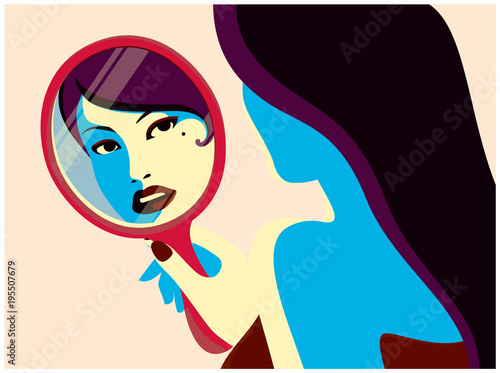 Woman looking at her face reflected in the mirror fashion minimal pop art style flat design vector illustration