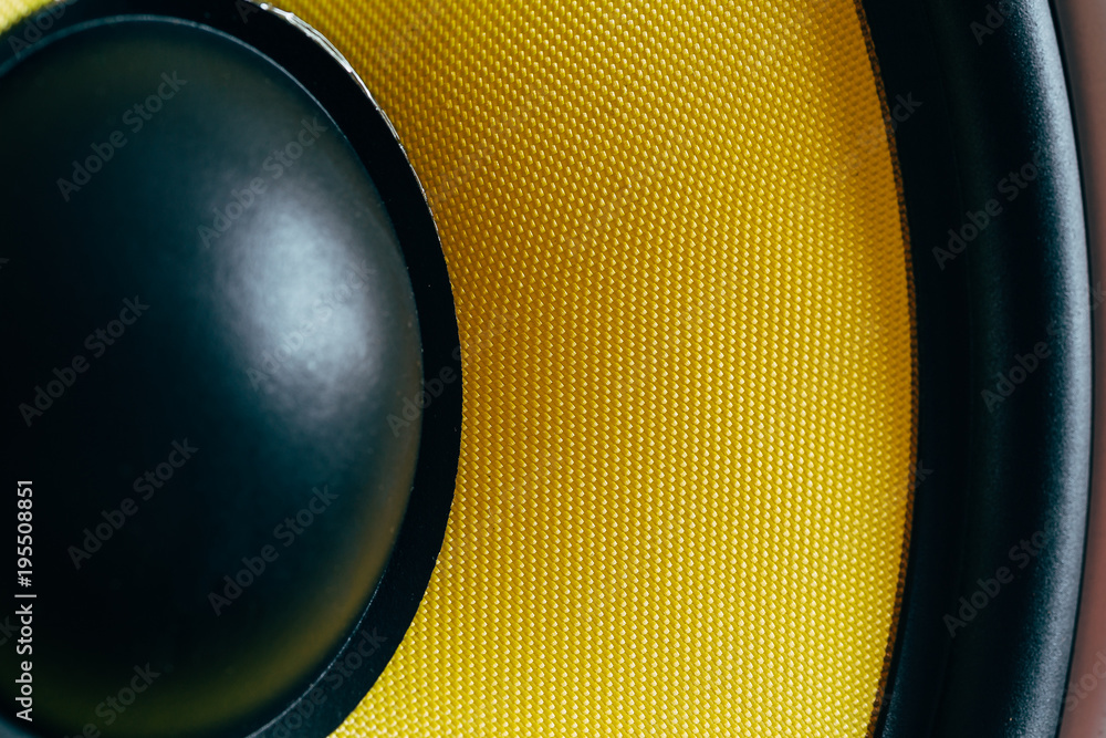 Subwoofer dynamic membrane or sound speaker as music background, yellow  Hi-Fi loudspeaker close up Stock Photo | Adobe Stock