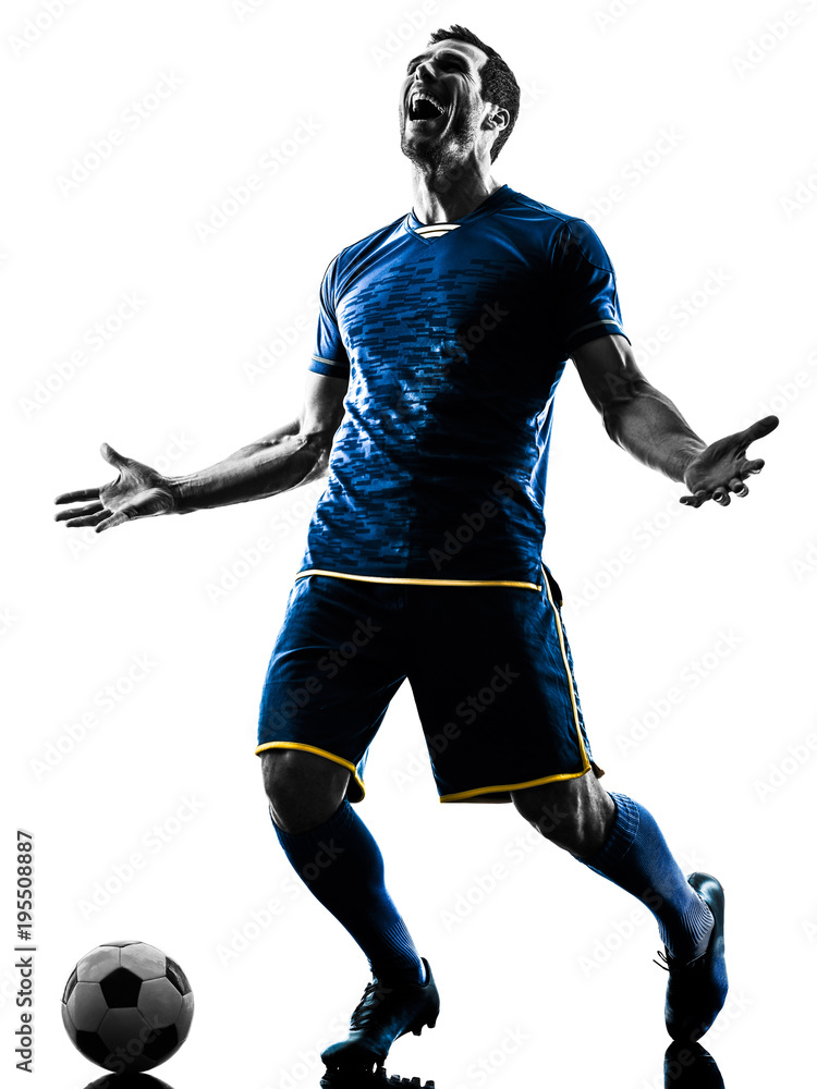 Fototapeta premium one caucasian soccer player man happy celebration in silhouette isolated on white background