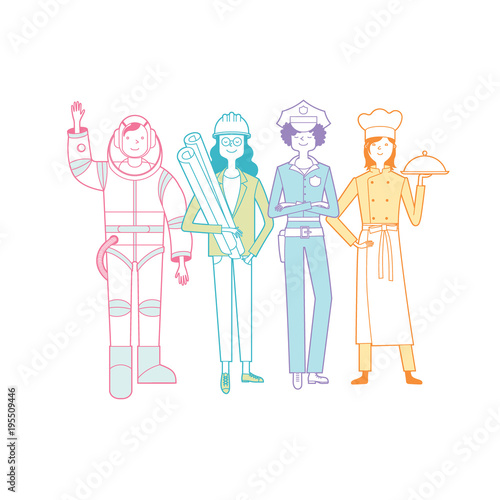 professional woman_color2/Professional woman. Cook, engineer, policeman, astronaut. Color vector illustration. © belaia