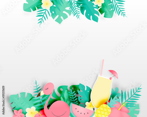 Tropical floral with flamingo and cocktail in paper art style and pastel color scheme
