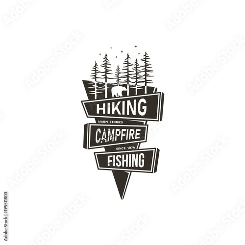 Vintage hand drawn travel badge design. Camping, hiking travel badge design concept in 70s style with signs - hiking, campfire, fishing. Black style. Stock vector sticker isolated on white background