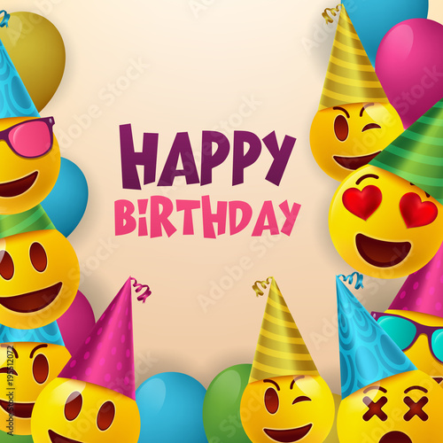 Happy birthday vector design with smileys wearing birthday hat in white empty space for message and text for party and celebration © vectorizer88