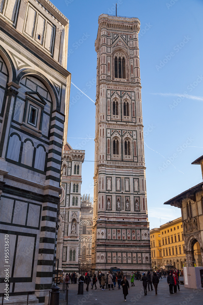 FLORENCE, ITALY - DECEMBER 23, 2017:  Campanile di Giotto on Piazza del Duomo at morning.