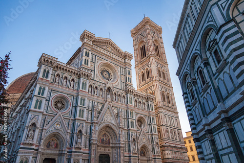 Cathedral of Santa Maria del Fiore and Campanile di Giotto on Piazza del Duomo at morning.