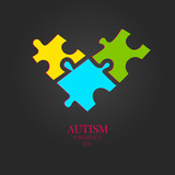 Autism awareness poster with puzzle pieces in heart shape on black background. Social interaction and communication disorder. Solidarity and support symbol. Medical concept. Vector illustration.