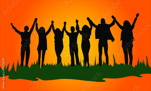  silhouette image of  group of young people holding hands up, friendly cheerful company