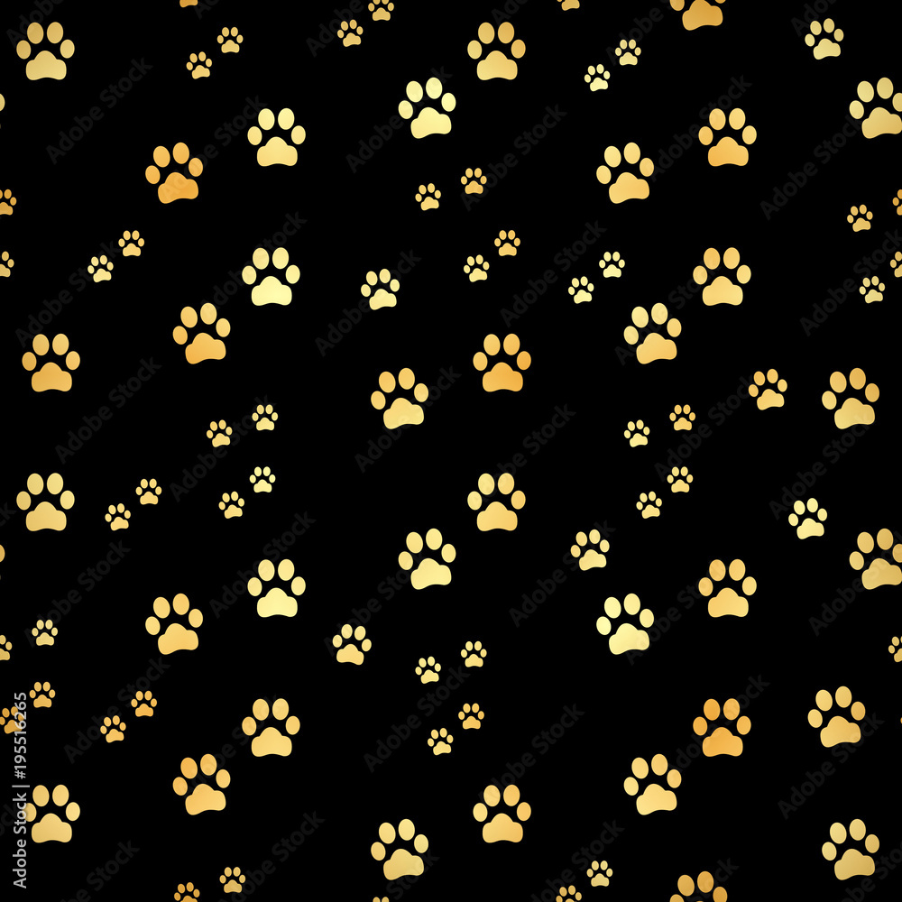 Gold Paw print seamless pattern. Seamless pattern of animal gold footprints. Dog paw print seamless pattern on gold background