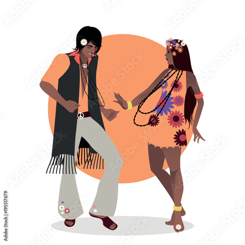 Young couple wearing hippie clothes of the 60s and 70s dancing