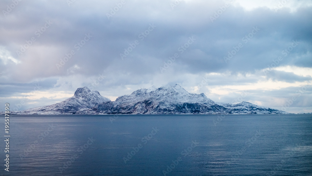 Beautiful snow coverd landscape on a boat to Lofoten