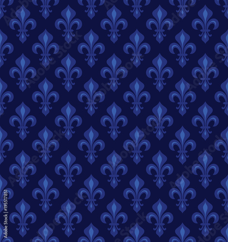 Royal Heraldic Lilies (Fleur-de-lis) — dark night violet velvet, seamless pattern, wallpaper background.