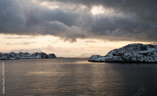 Beautiful snow coverd landscape on a boat to Lofoten