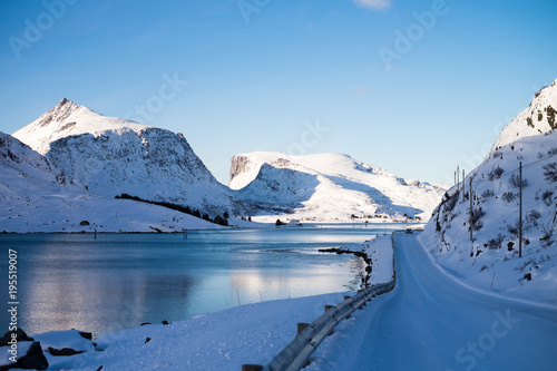 Snow covered roads and peaks in Lofoten, Norway