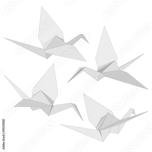 Fototapeta Naklejka Na Ścianę i Meble -  Set of Isolated figure of japanese crane folded from white paper in origami style on white background. Symbol of hope. Various views.
