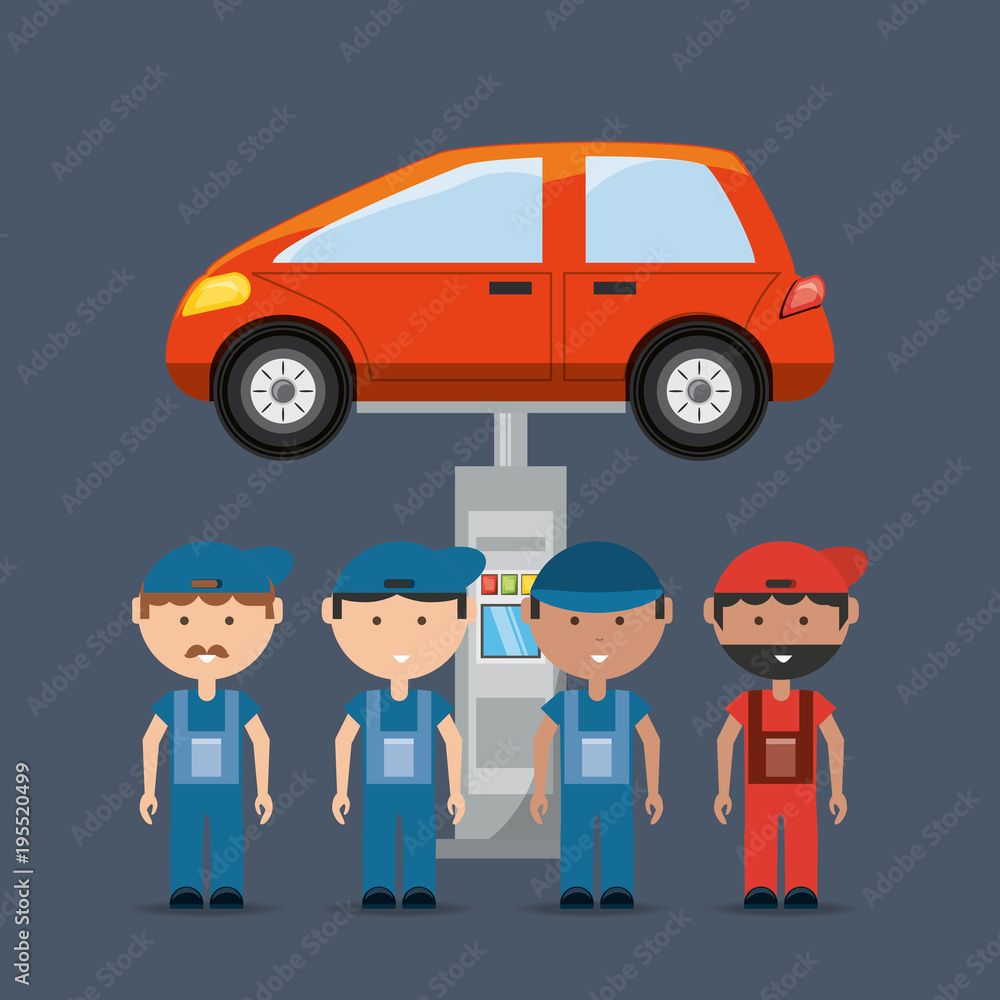 Car service design with mechanics and Car on the lift over blue background, colorful design vector illustration Car service design with mechanics and Car on the lift over blue background, colorful design vector illustration
