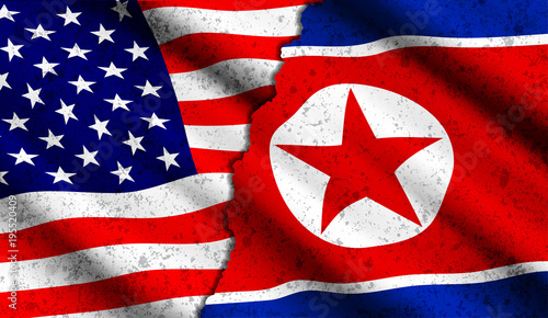Vector realistic american and north korean waving flags with grunge texture. Confrontation between two countries, threat of nuclear war, rupture of diplomatic relations, politics concept illustration