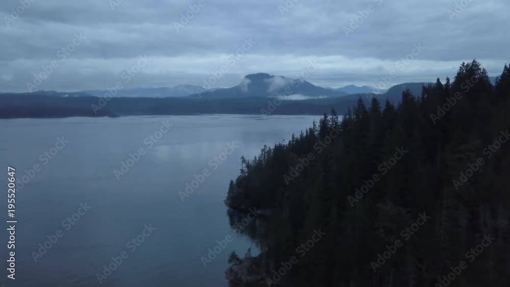 Aerial view of the beautiful ocean shore during a dark and cloudy morning. Taken in Vancouver Island, British Columbia, Canada. Aerial view of the beautiful ocean shore during a dark and cloudy morning. Taken in Vancouver Island, British Columbia, Canada.