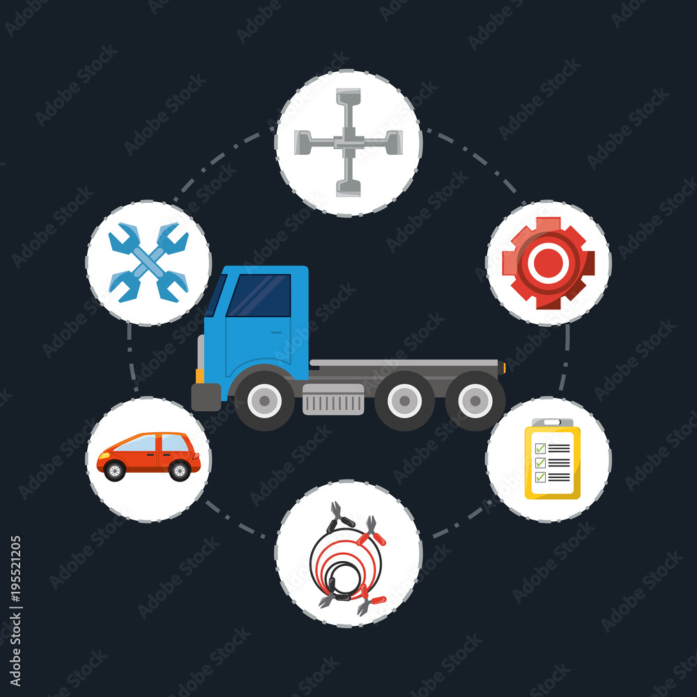 tow truck with mechanic tools around over black background, colorful design vector illustration tow truck with mechanic tools around over black background, colorful design vector illustration