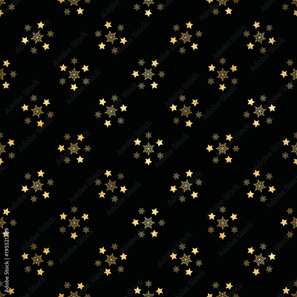 Gold Star and Gold Snowflake Seamless Pattern. seamless pattern with gold confetti stars. Vector illustration. Shiny background. Luxury seamless pattern with gold stars