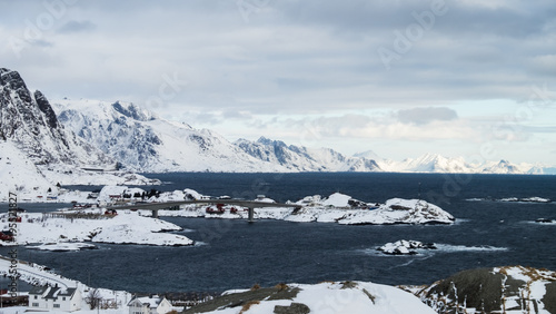 Beautiful snow covered landscape with high peaks in Lofoten