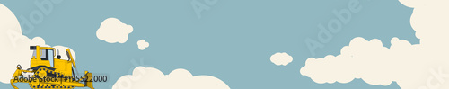 Big yellow excavator, sky with clouds in background. Horizontal banner layout with earth mover. Vintage color stylization. Construction machinery vehicle and ground works. Flatten illustration vector.