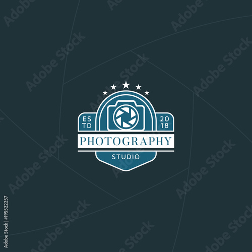 Photography studio badge or label design, Logo for studio and photographer or videographer with camera symbol. Photography logo template