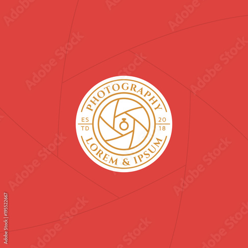 Wedding photography badge or label design, Logo for studio and photographer or videographer with camera lens symbol. Photography logo template