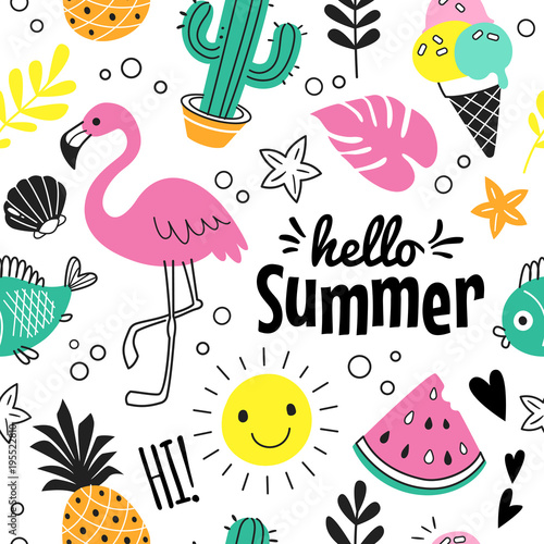 Hello Summer pattern. Vector seamless pattern with funny summer symbols, such as flamingo, ice cream, cactus, pineapple and watermelon in doodle style. Isolated  on white.
