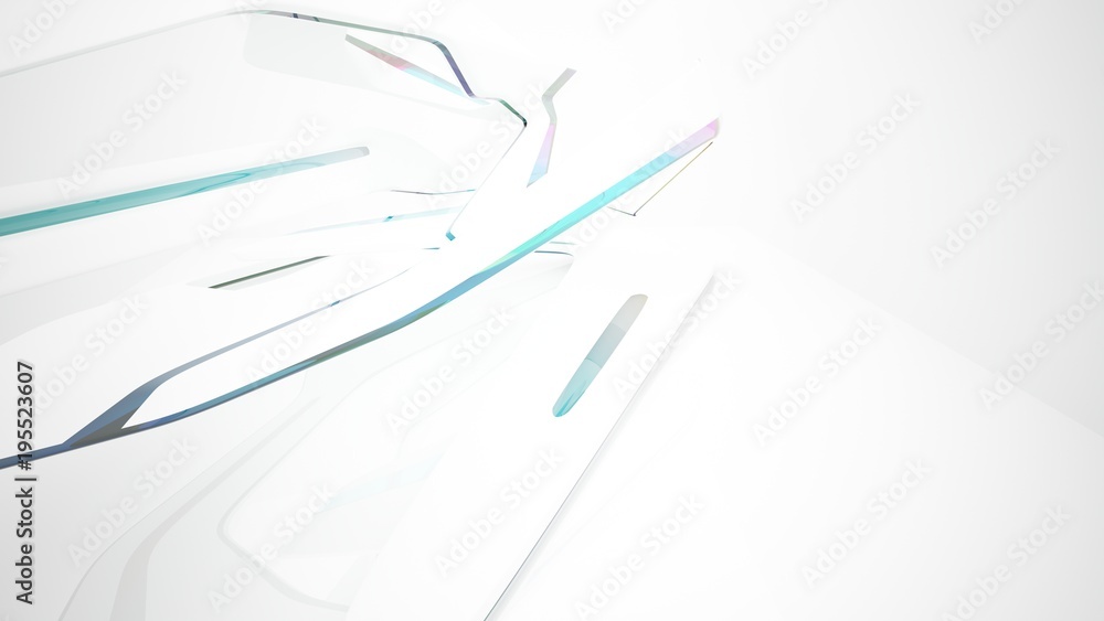Naklejka premium Abstract white and colored gradient glasses interior multilevel public space with window. 3D illustration and rendering.