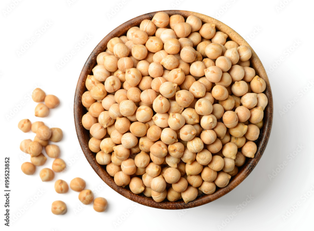 uncooked chickpeas in the wooden bowl, isolated on white, top view uncooked chickpeas in the wooden bowl, isolated on white, top view