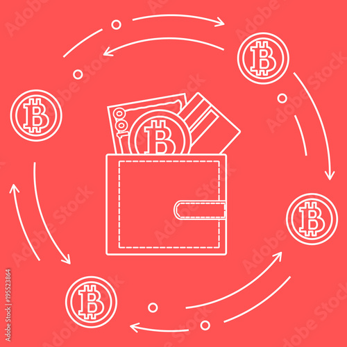 Purse with banknote, credit card and bitcoin.