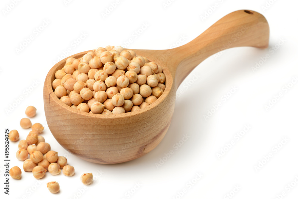 dried raw chickpeas in the wooden spoon, isolated on white dried raw chickpeas in the wooden spoon, isolated on white
