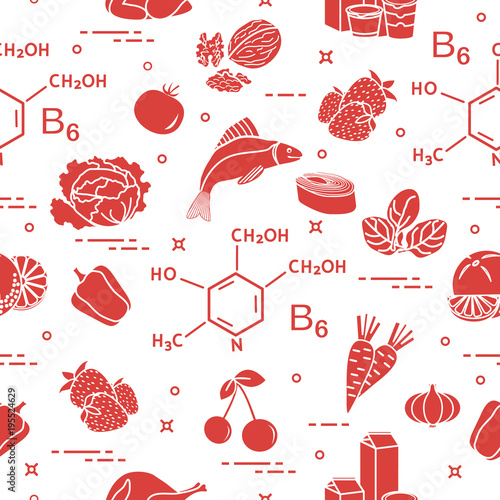 Seamless pattern with foods rich in vitamin B6.