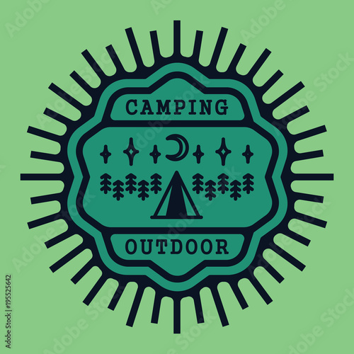 vintage badge camping outdoor in forest with tent,fire and stars.one thin line, vector