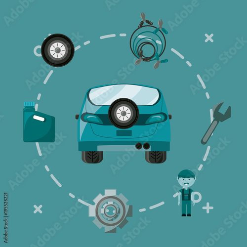 car with mechanic tools around over blue background  colorful design vector illustration