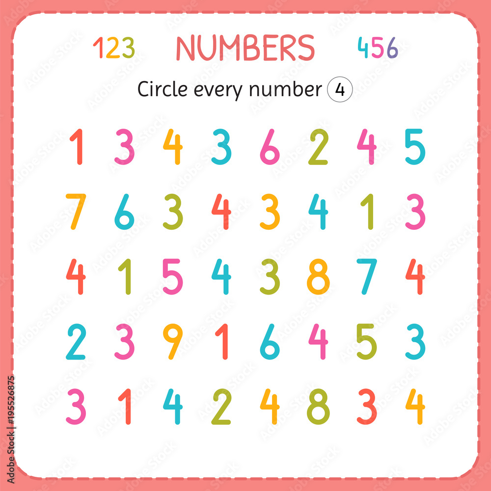Circle every number Four. Numbers for kids. Worksheet for kindergarten and preschool. Training to write and count numbers. Exercises for children Circle every number Four. Numbers for kids. Worksheet for kindergarten and preschool. Training to write and count numbers. Exercises for children