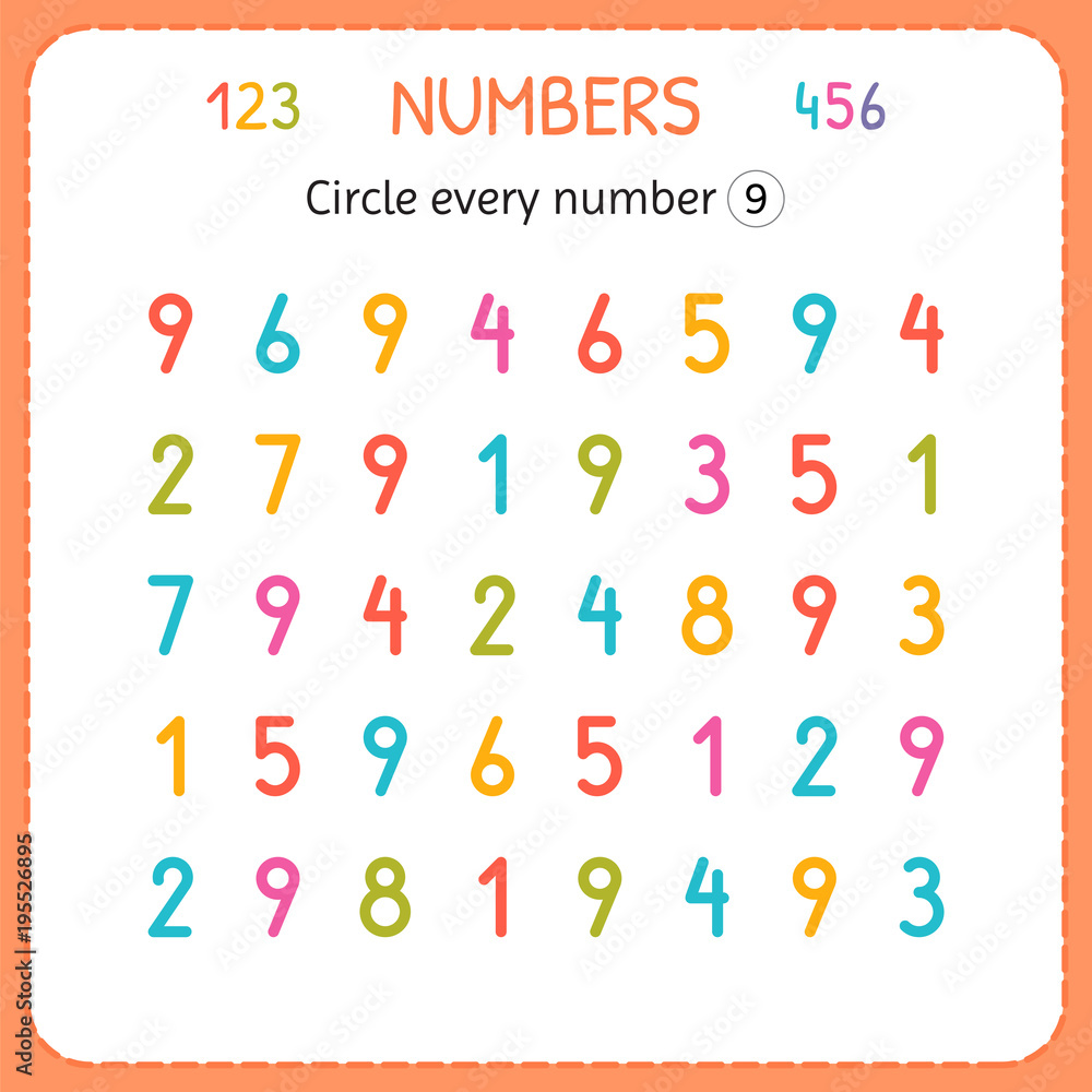 Circle every number Nine. Numbers for kids. Worksheet for kindergarten and preschool. Training to write and count numbers. Exercises for children