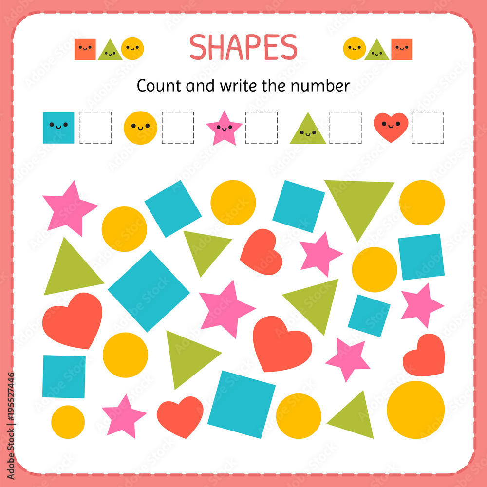 count and write the number learn shapes and geometric figures preschool or kindergarten worksheet stock vector adobe stock