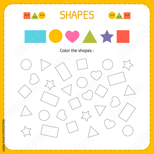 Coloring multiple shapes. Learn shapes and geometric figures. Preschool or kindergarten worksheet for practicing motor skills