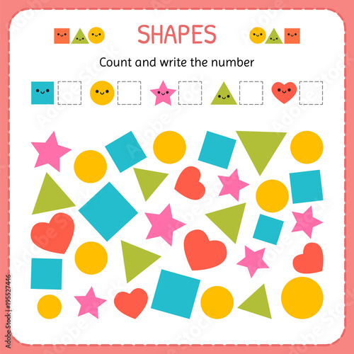 Count and write the number. Learn shapes and geometric figures. Preschool or kindergarten worksheet photo